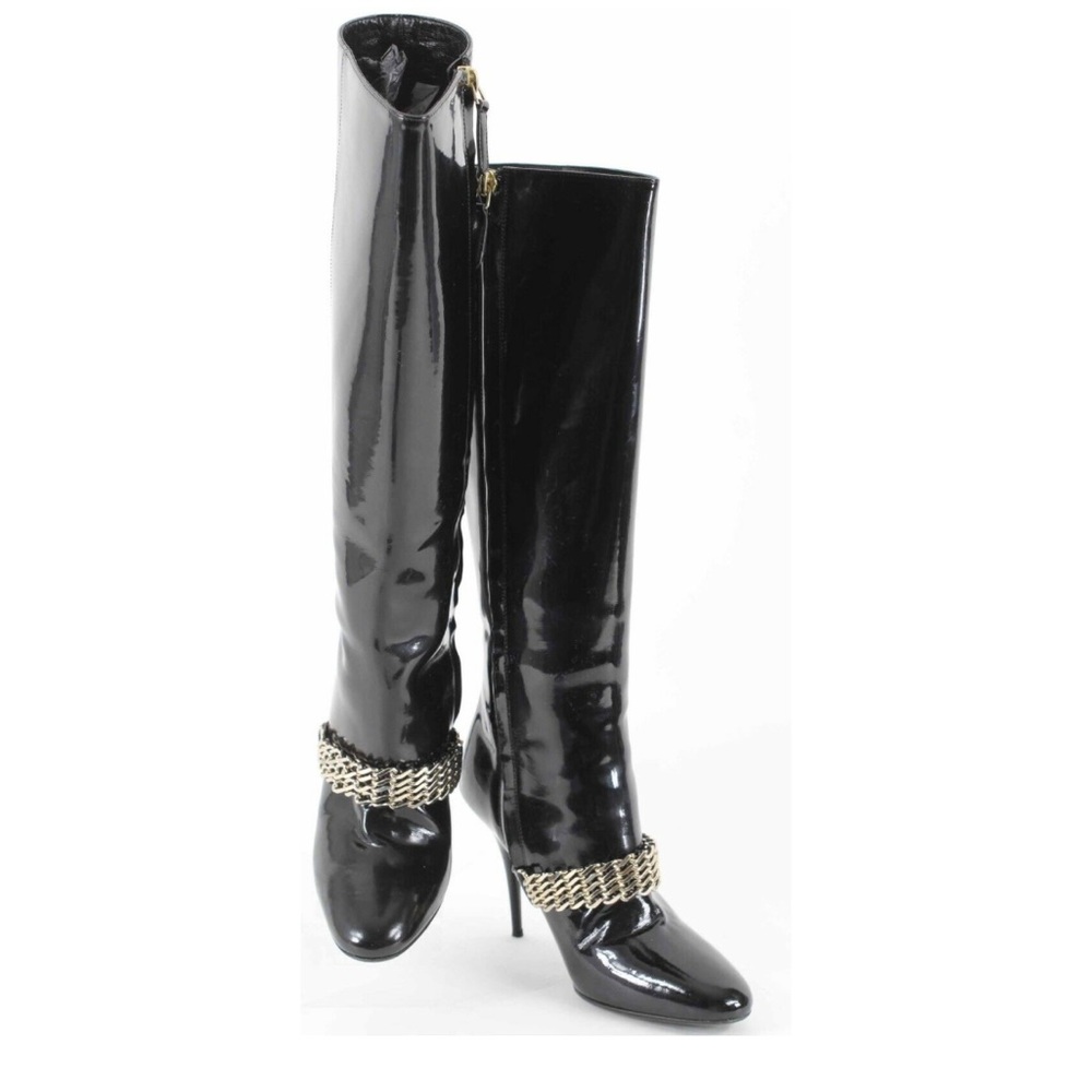 Authentic Burberry patent leather gold chain knee high boots